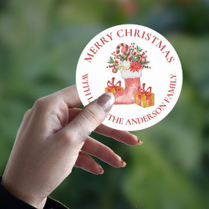 Cute Red Flowers Berries Gift Box Merry Christmas Classic Round Sticker