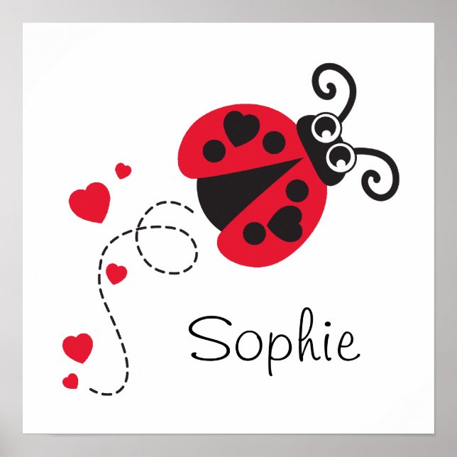 Cute red flying ladybug kids name poster (Front)