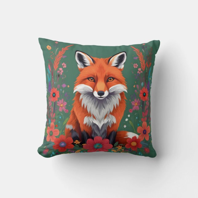 Cute red fox and flowers cushion (Front)