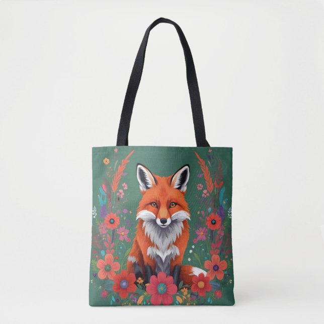 Cute red fox and flowers tote bag (Front)