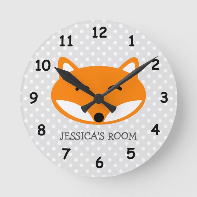 Cute red fox and grey polkadots nursery wall clock (Front)