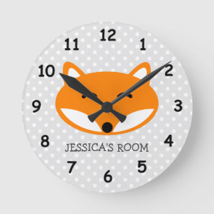 Cute red fox and grey polkadots nursery wall clock