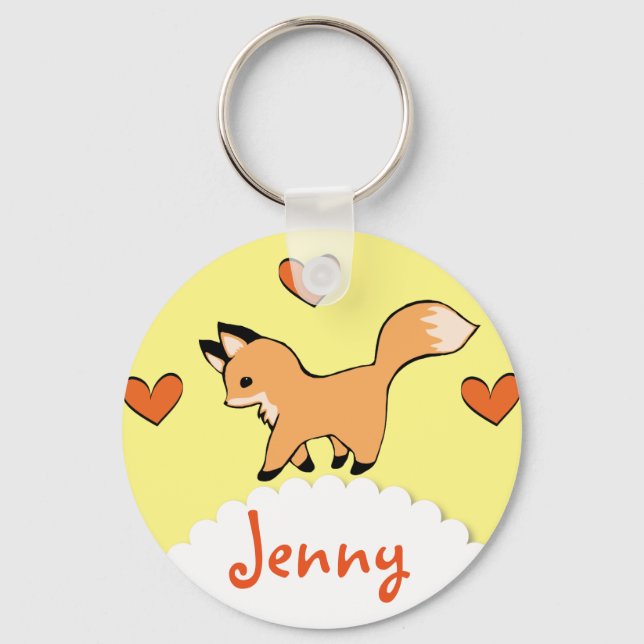 Cute Red Fox and Hearts Key Ring (Front)