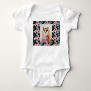 Cute Red Fox Animal Roses Watercolor Baby Suit Bodysuit