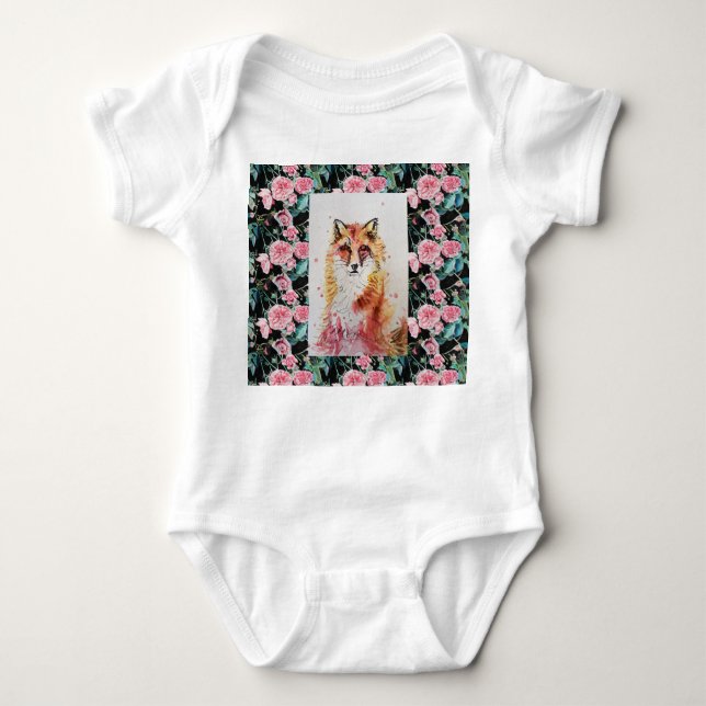 Cute Red Fox Animal Roses Watercolor Baby Suit Bodysuit (Front)