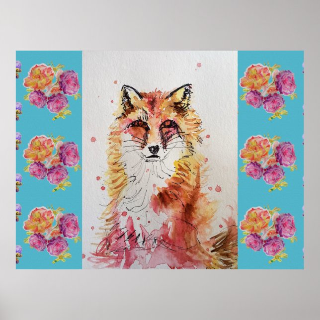 Cute Red Fox Animal Teal Rose Roses Poster (Front)