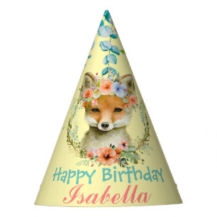 cute red Fox animals jungle Floral Birthday Party Hat