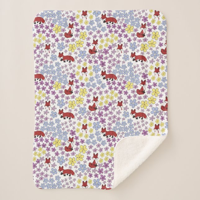 Cute Red Fox Colourful Wildflowers Kids Sherpa Blanket (Front)