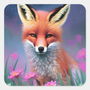 Cute Red Fox Floral Fantasy Art Square Sticker