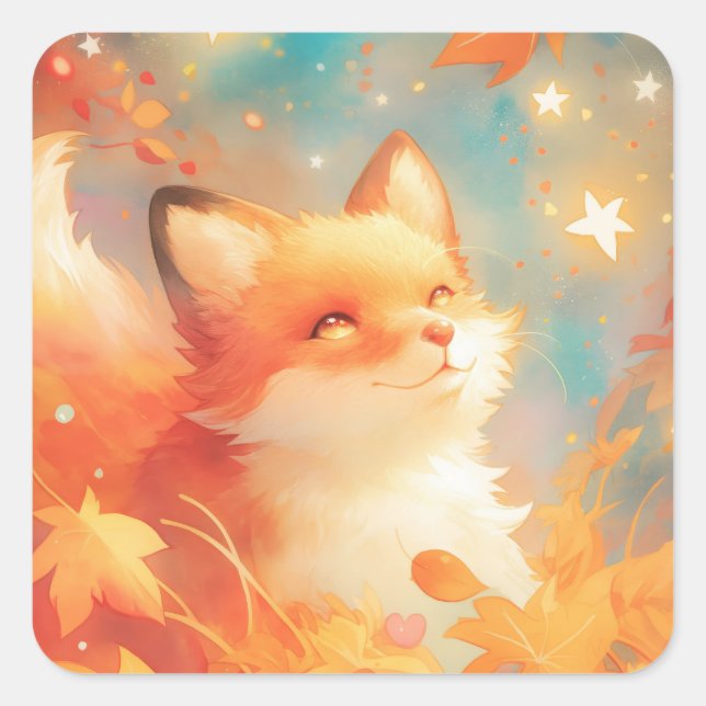 Cute Red Fox Gazing at Starry Night Sky Square Sticker (Front)
