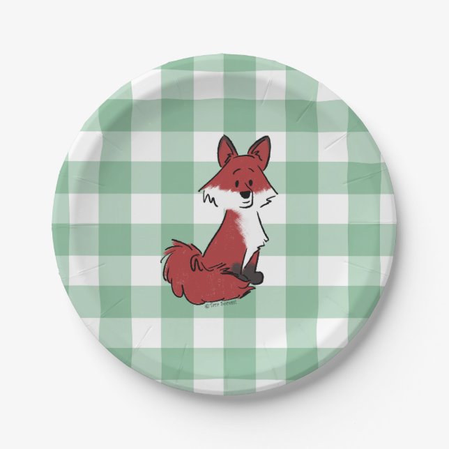 Cute Red Fox Green Gingham Baby Shower Paper Plate (Front)