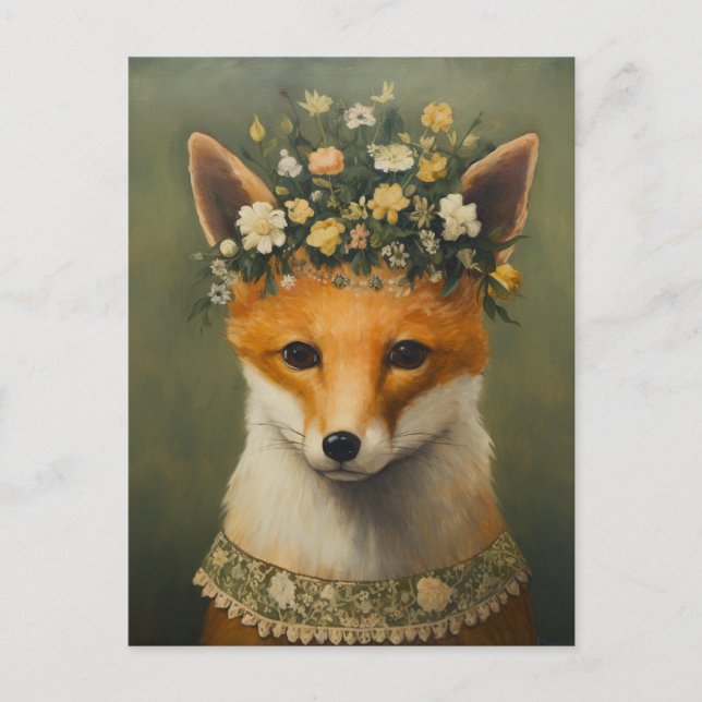Cute Red Fox in a Floral Crown and Necklace Postcard (Front)