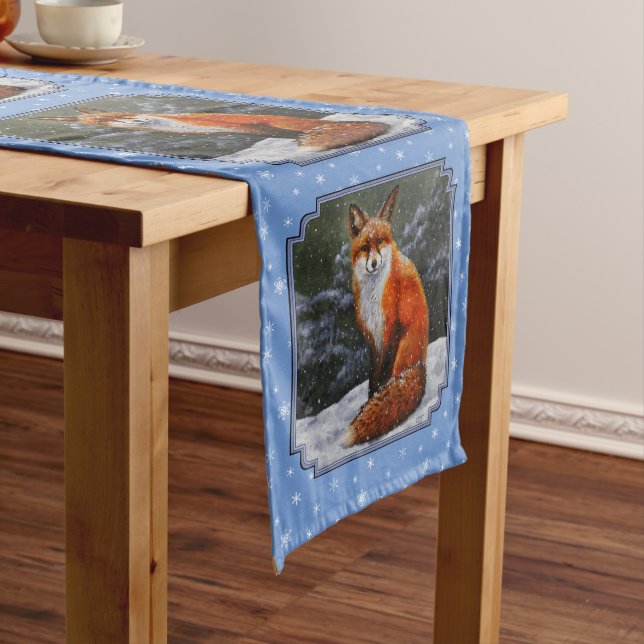 Cute Red Fox in Winter Snow Medium Table Runner (In Situ)