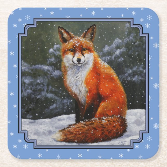 Cute Red Fox in Winter Snow Square Paper Coaster (Front)