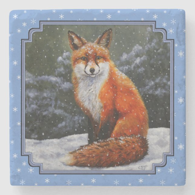 Cute Red Fox in Winter Snow Stone Coaster (Front)