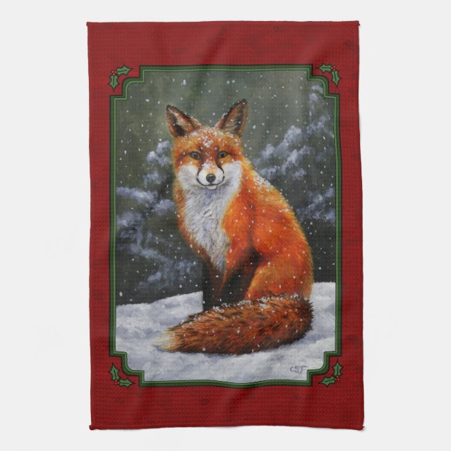 Cute Red Fox in Winter Snow Tea Towel (Vertical)