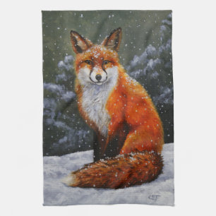 Cute Red Fox in Winter Snow Tea Towel