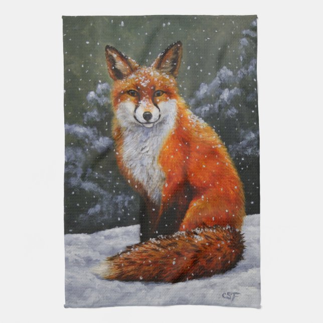 Cute Red Fox in Winter Snow Tea Towel (Vertical)