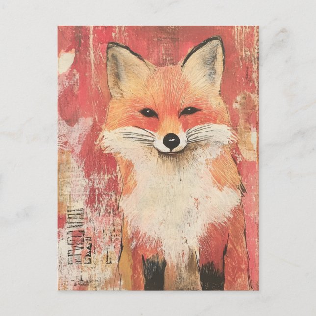 Cute Red Fox Mixed Media Postcard (Front)