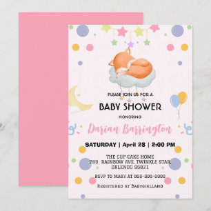 Cute Red fox moon balloon baby shower party  Invitation