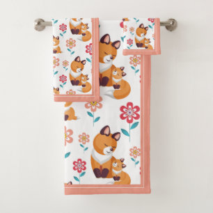 Cute red fox mother with baby border Mother's Day Bath Towel Set