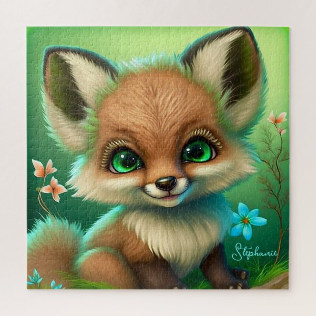 Cute Red Fox Orange Blue Flower Jigsaw Puzzle (Vertical)