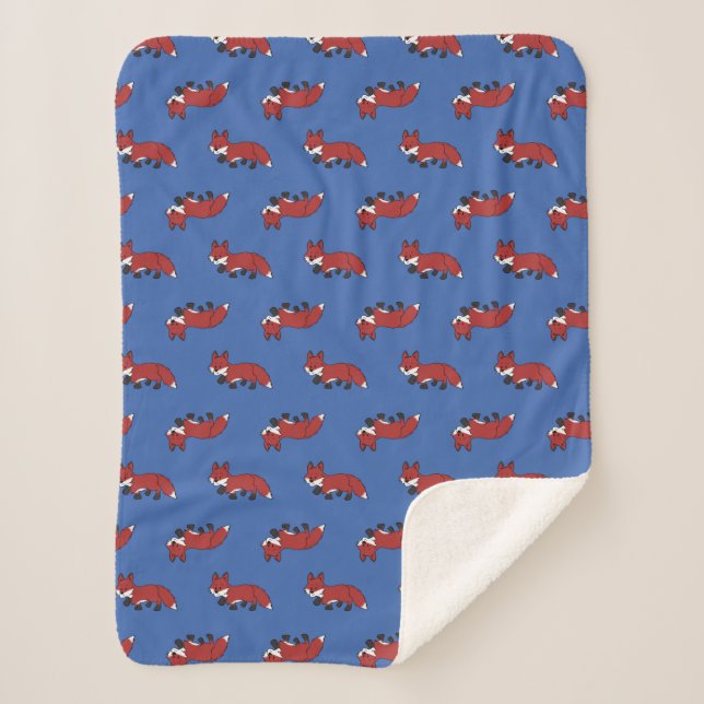 Cute Red Fox Pattern Blue Baby Kids Sherpa Blanket (Front)
