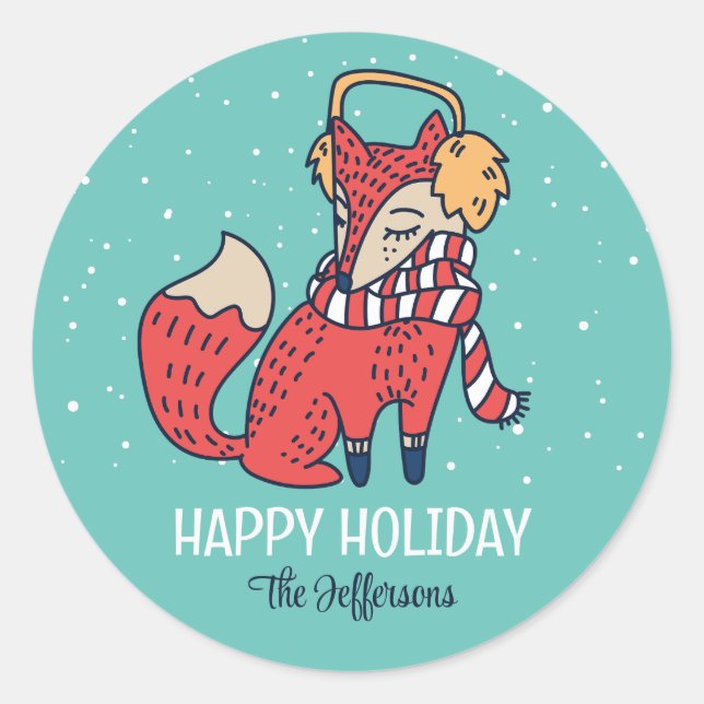 Cute Red Fox Snowy Winter Holiday Christmas Animal Classic Round Sticker (Front)