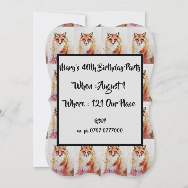 Cute Red Fox Watercolour 40th Birthday Invitation (Front)