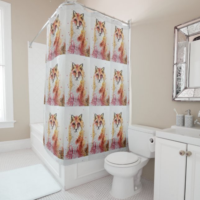 Cute Red Fox Watercolour Art Shower Curtain (In Situ)