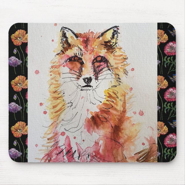 Cute Red Fox Watercolour Painting Mouse Mat floral (Front)