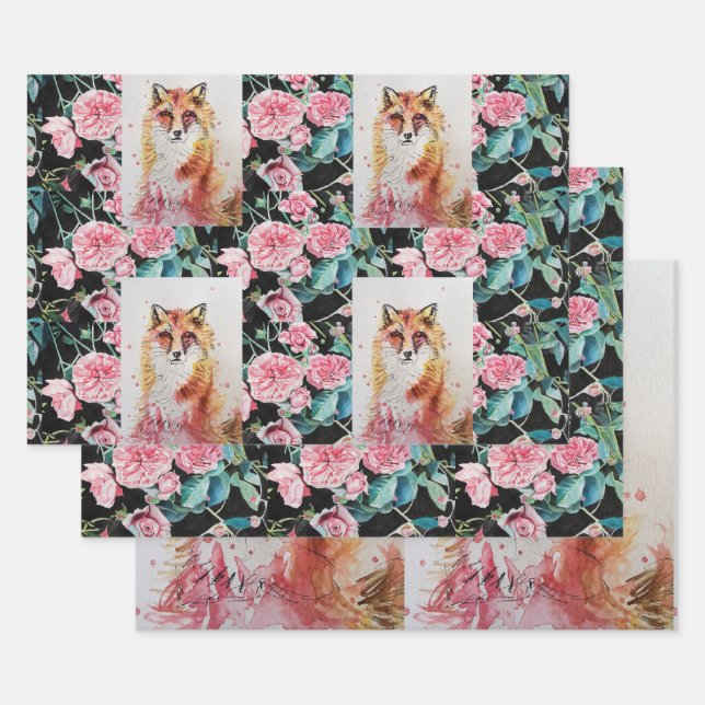 Cute Red Fox Watercolour Rose Woodland Animal Art Wrapping Paper Sheet (Set)