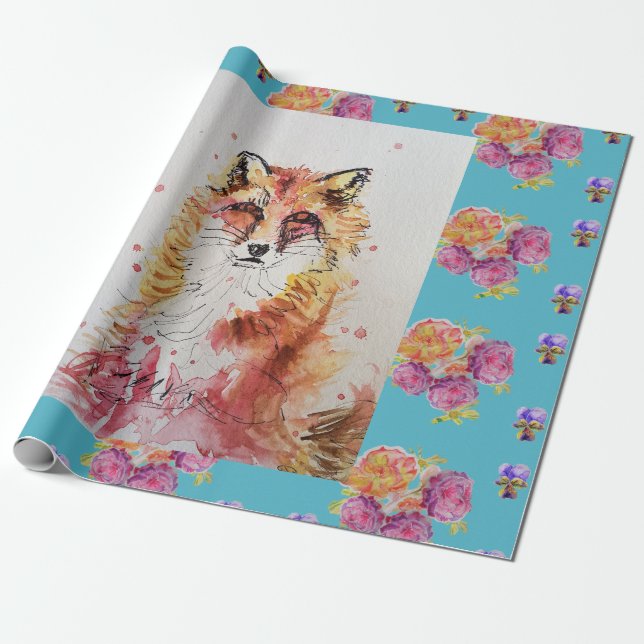 Cute Red Fox Watercolour Woodland Animal Art Wrapping Paper (Unrolled)