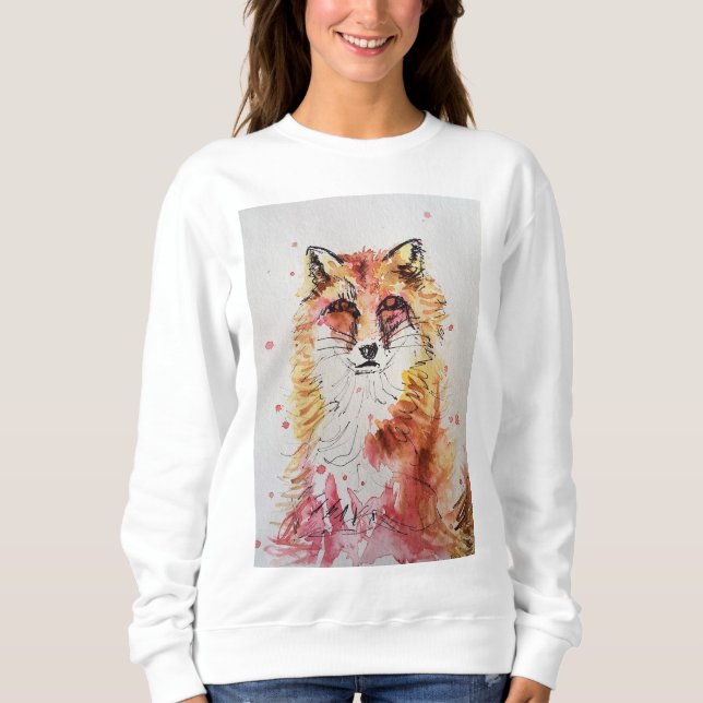Cute Red Fox Whimsical Watercolor Womens Sweatshirt (Front)