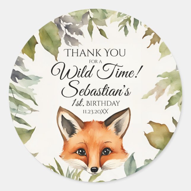 Cute Red Fox Woodland Thank You Birthday Classic Round Sticker (Front)