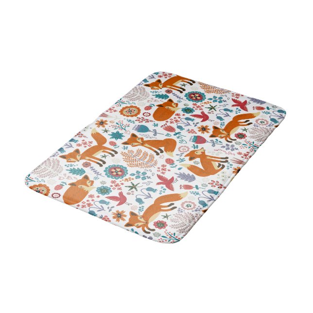 Cute Red Foxes & Colourful Flowers Bath Mat (Angled)