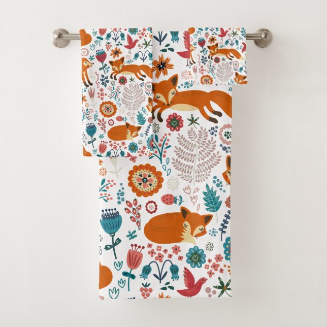Cute Red Foxes & Colourful Flowers Bath Towel Set (Insitu)