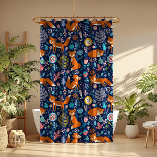 Cute Red Foxes & Colourful Flowers Shower Curtain