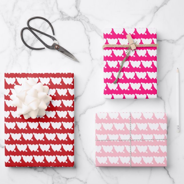 Cute red fuchsia pink double heart arrow pattern wrapping paper sheet (Front)