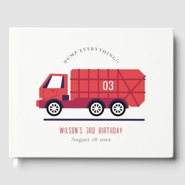 Cute Red Garbage Truck Kids Any Age Birthday Guest Book (Front)