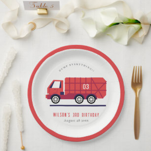 Cute Red Garbage Truck Kids Any Age Birthday Paper Plate