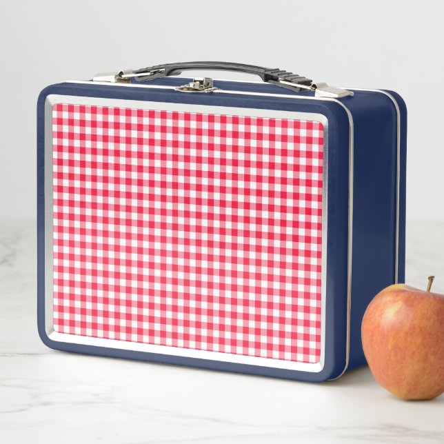 Cute Red Gingham Pattern Blue Metal Lunch Blox Box (In Situ)