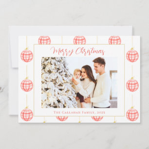 Cute Red Gingham Plaid Custom Photo Christmas Holiday Card