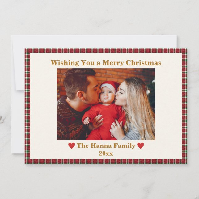 Cute Red Gingham Plaid Custom Photo Christmas Holiday Card (Front)