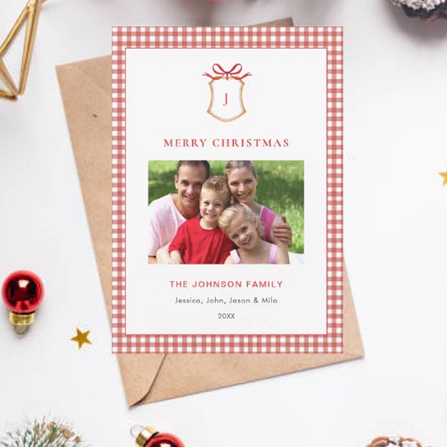 Cute Red Gingham Plaid Monogrammed Christmas  Holiday Card (Creator Uploaded)