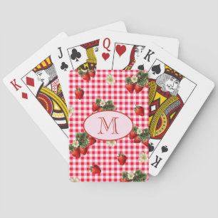 Cute Red Gingham Strawberries Custom Monogram Playing Cards