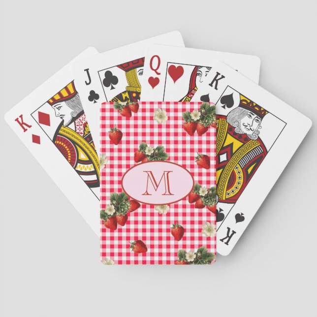 Cute Red Gingham Strawberries Custom Monogram Playing Cards (Back)