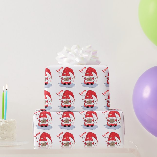 Cute Red Gnome with Hearts Wrapping Paper (Party Gifts)