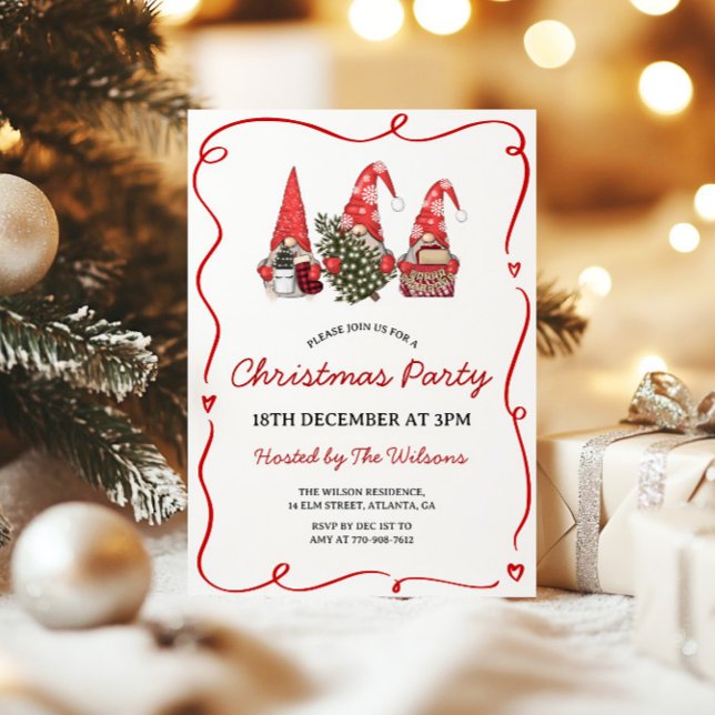 Cute Red Gnomes Christmas Party Invitation (Creator Uploaded)