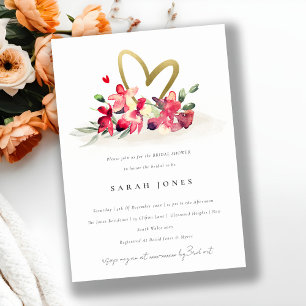 Cute Red Gold Orchid Heart Floral Bridal Shower Invitation